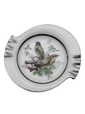Vintage MCM Norleans Porcelain Ashtray With Bird Motif & Silver Trim Japan